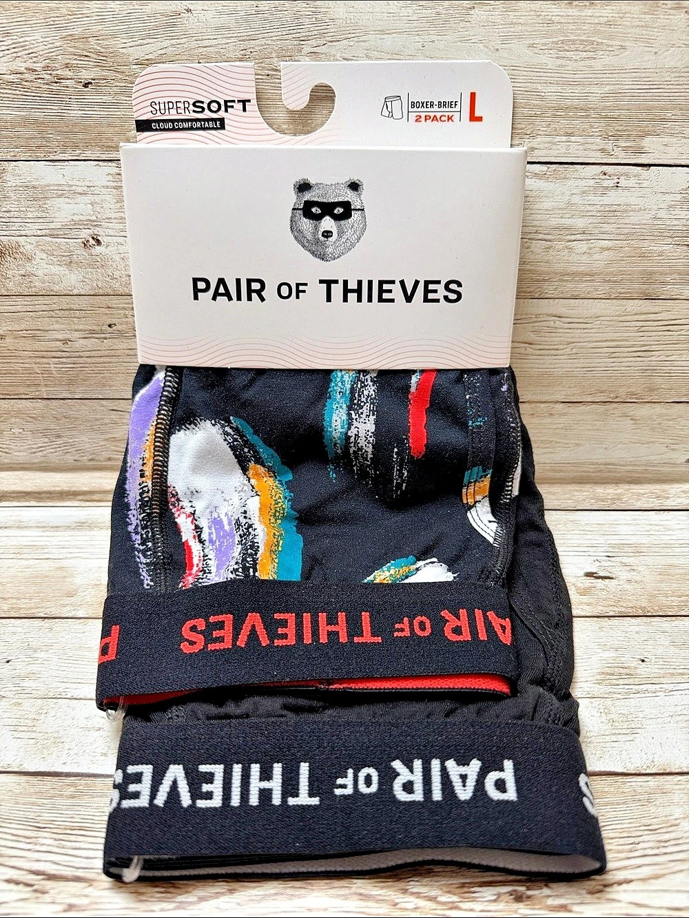 Pair of Thieves SuperSoft Boxer Brief 2-Pack Black & Multicolor Large NEW